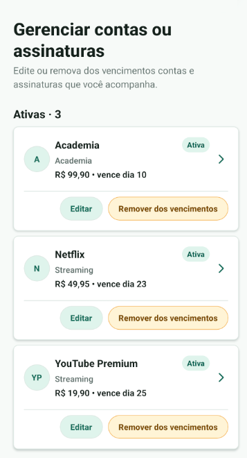 Screenshot da tela Gerenciar contas do Já Paguei
