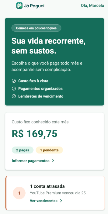 Screenshot da tela Home do Já Paguei