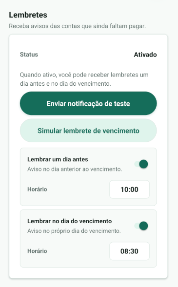 Screenshot da tela Lembretes do Já Paguei