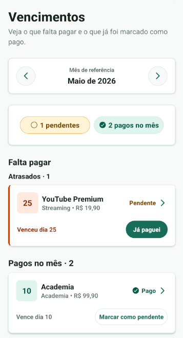 Screenshot da tela Vencimentos do Já Paguei